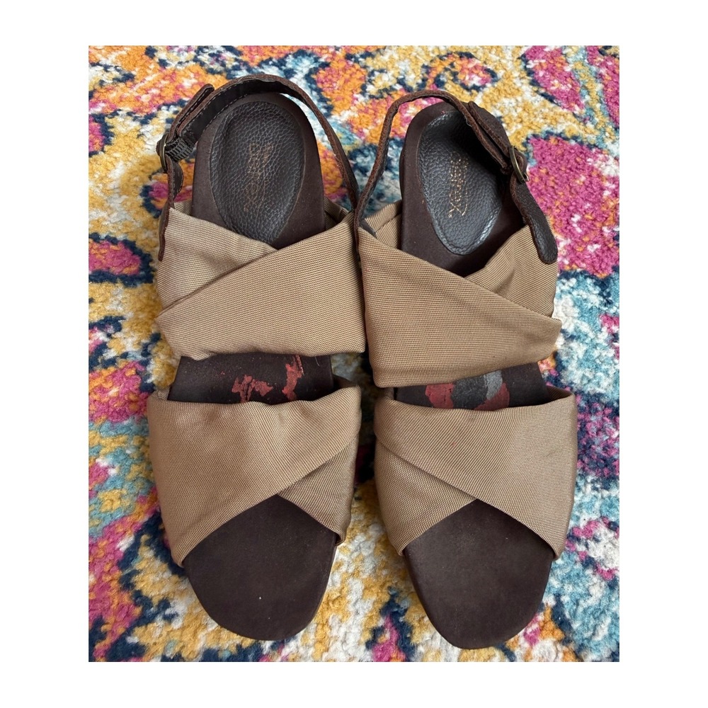 Aetrexβ Womens Brown Tan Fabric Leather Slingback Stacked Heel Sandals 6.5W